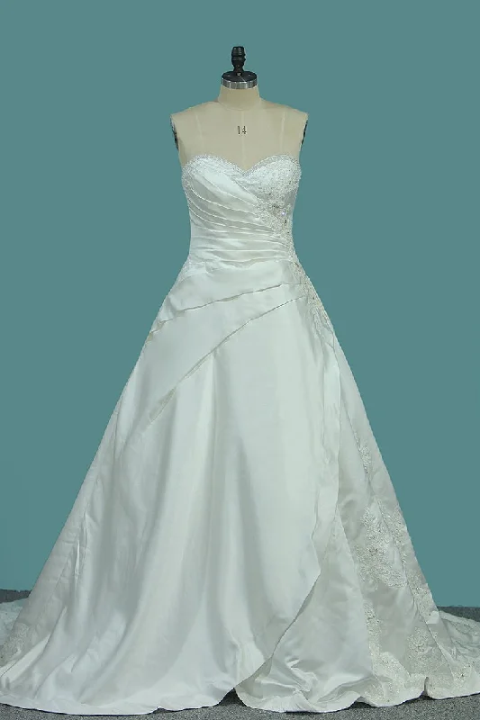 A Line Satin Sweetheart Wedding Dresses With Applique And Beads Timeless Wedding Dress A Line Satin Sweetheart Wedding Dresses With Applique And Beads Timeless Wedding Dress