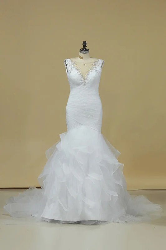 2024 V Neck Mermaid Wedding Dresses Tulle With Applique And Ruffles PCA7QTEL Sparkling Wedding Dress 2024 V Neck Mermaid Wedding Dresses Tulle With Applique And Ruffles PCA7QTEL Sparkling Wedding Dress