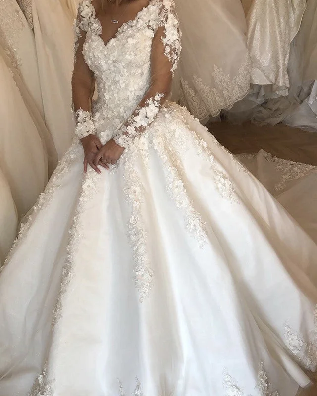 3D Lace Flowers Wedding Dress Long Sleeves V Neck Strapless Lace Dress