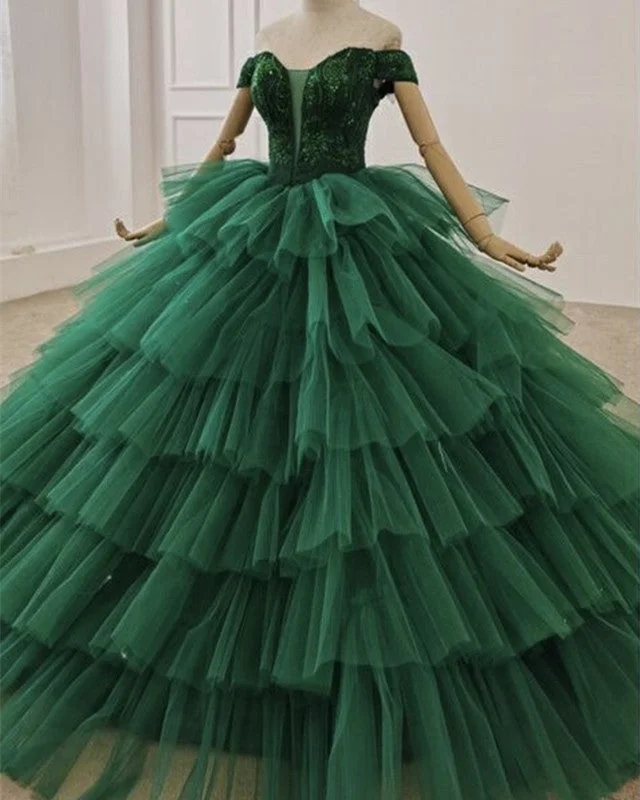 Ball Gown Ruffles Dresses Off The Shoulder Lace Beaded Tiered Wedding Dress