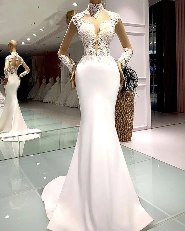 Long Sleeves Mermaid Wedding Dress High Neck Lace Appliques Strapless Wedding Gown