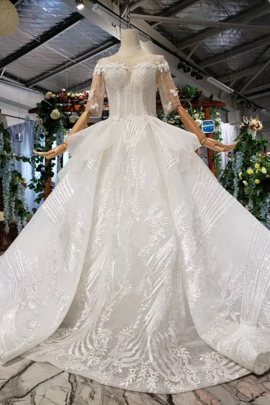 Ball Gown Half Sleeves Lace with Sequins Sheer Neck Long Wedding Dress Beaded Bridal Gown Ball Gown Half Sleeves Lace with Sequins Sheer Neck Long Wedding Dress Beaded Bridal Gown