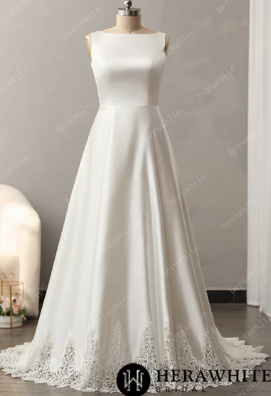 Bateau Neckline A-line Wedding Gown with Cutout Train Lace Wedding Gown