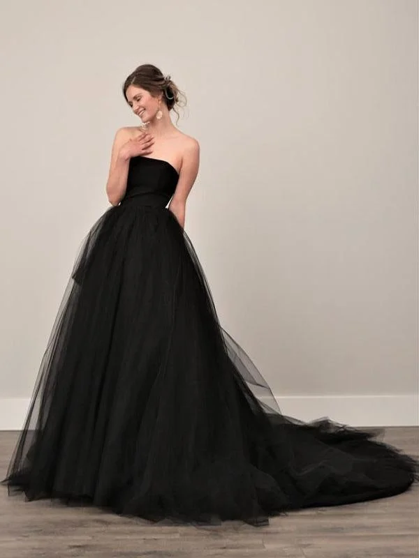 Black Wedding Dresses A-Line Strapless Pleated Taffeta Tulle Chapel Train Bridal Dress Sleeveless Bridal Gown