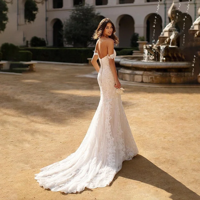 Boho Sexy Off The Shoulder Satin Lace  Backless Bridal Dress Lace Back Wedding