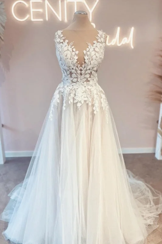 Charming Jewel A-Line Lace Tulle Wedding Dress with Applique Sparkle Bridal Dress