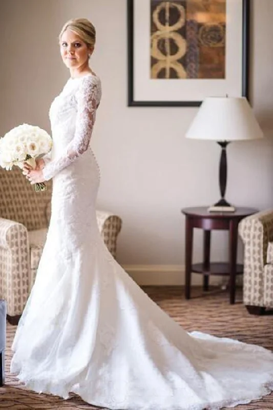 Charming Lace Long Sleeves Open Back With Trailing Wedding Dresses Modern Bridal Gown Charming Lace Long Sleeves Open Back With Trailing Wedding Dresses Modern Bridal Gown