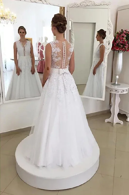 Charming Sleeveless Lace Tulle Brush Train With Bowknot Wedding Dresses Mermaid Style Gown Charming Sleeveless Lace Tulle Brush Train With Bowknot Wedding Dresses Mermaid Style Gown