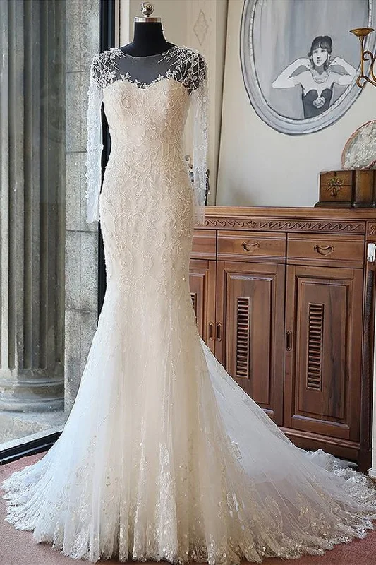 Classy Ivory Long Sleeves Mermaid Long Lace Tulle Wedding Dress Full Length Gown