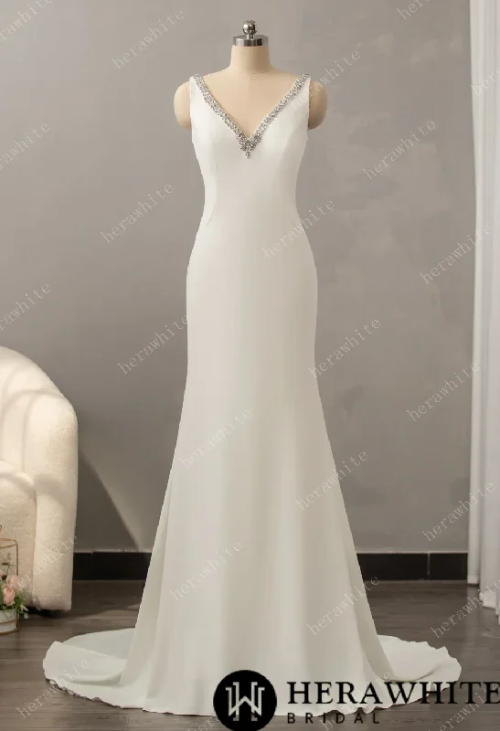 Crepe Beaded V-Neck Wedding Dress with Open Back Detail Lace A-line Dress