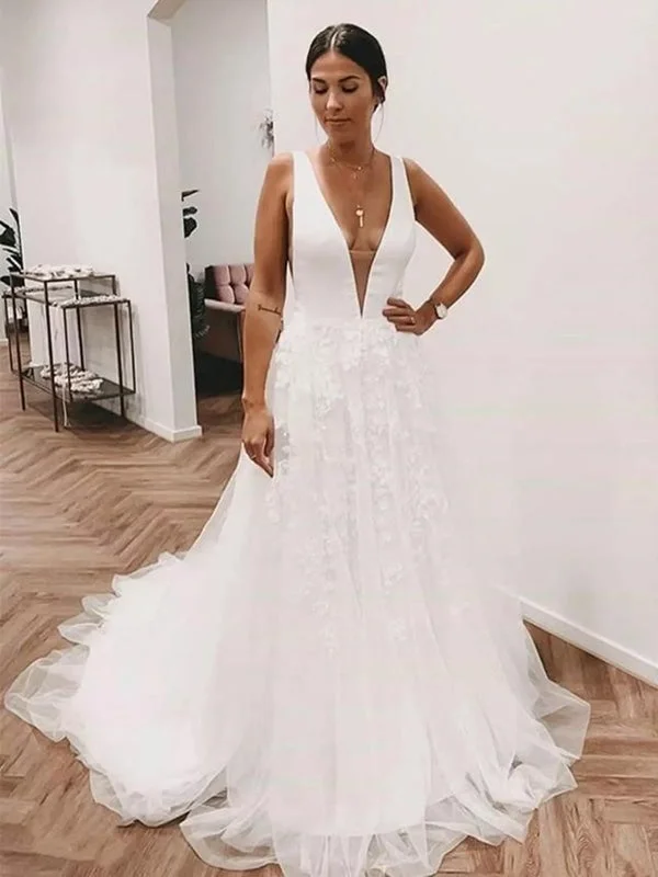 Deep V Neck and V Back White Lace Long Prom Wedding Dresses with Train, White Lace Formal Dresses, V Neck White Evening Dresses Lace Boho Dress Deep V Neck and V Back White Lace Long Prom Wedding Dresses with Train, White Lace Formal Dresses, V Neck White Evening Dresses Lace Boho Dress