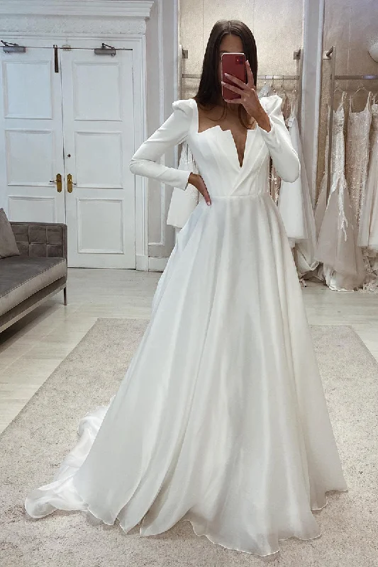 31710 - A Line Deep V-Neck Long Sleeves Satin Simple Wedding Dress Boho Wedding Gown 31710 - A Line Deep V-Neck Long Sleeves Satin Simple Wedding Dress Boho Wedding Gown