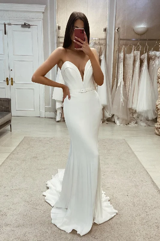31711 - Attractive V-Neck Simple Satin Wedding Dress Glamorous Wedding Dress