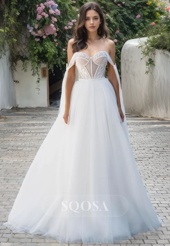 Sweetheart A-Line Sleeveless Beach Wedding Dress Floor Length Sheer Ballgown Applique Bridal Dress Lace V-neck Dress Sweetheart A-Line Sleeveless Beach Wedding Dress Floor Length Sheer Ballgown Applique Bridal Dress Lace V-neck Dress