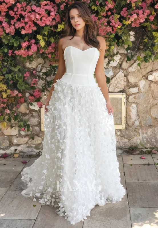 A-Line Strapless Appliques Tulle Sleek Satin Wedding Dress with Train Strapless Lace Dress A-Line Strapless Appliques Tulle Sleek Satin Wedding Dress with Train Strapless Lace Dress