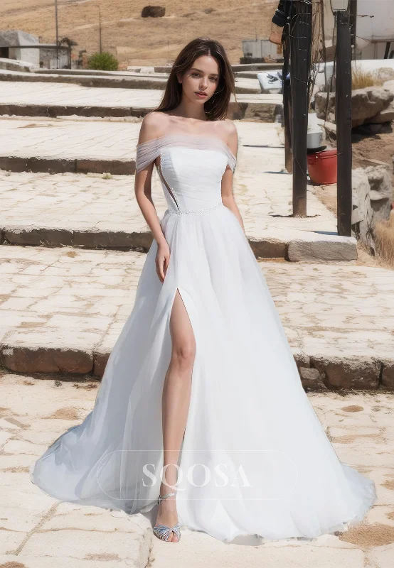 Elegant Tube Top Sleeveless High Split Beach Gowns with Train Off-Shoulder A-Line Boho Wedding Dress Strapless Wedding Gown Elegant Tube Top Sleeveless High Split Beach Gowns with Train Off-Shoulder A-Line Boho Wedding Dress Strapless Wedding Gown