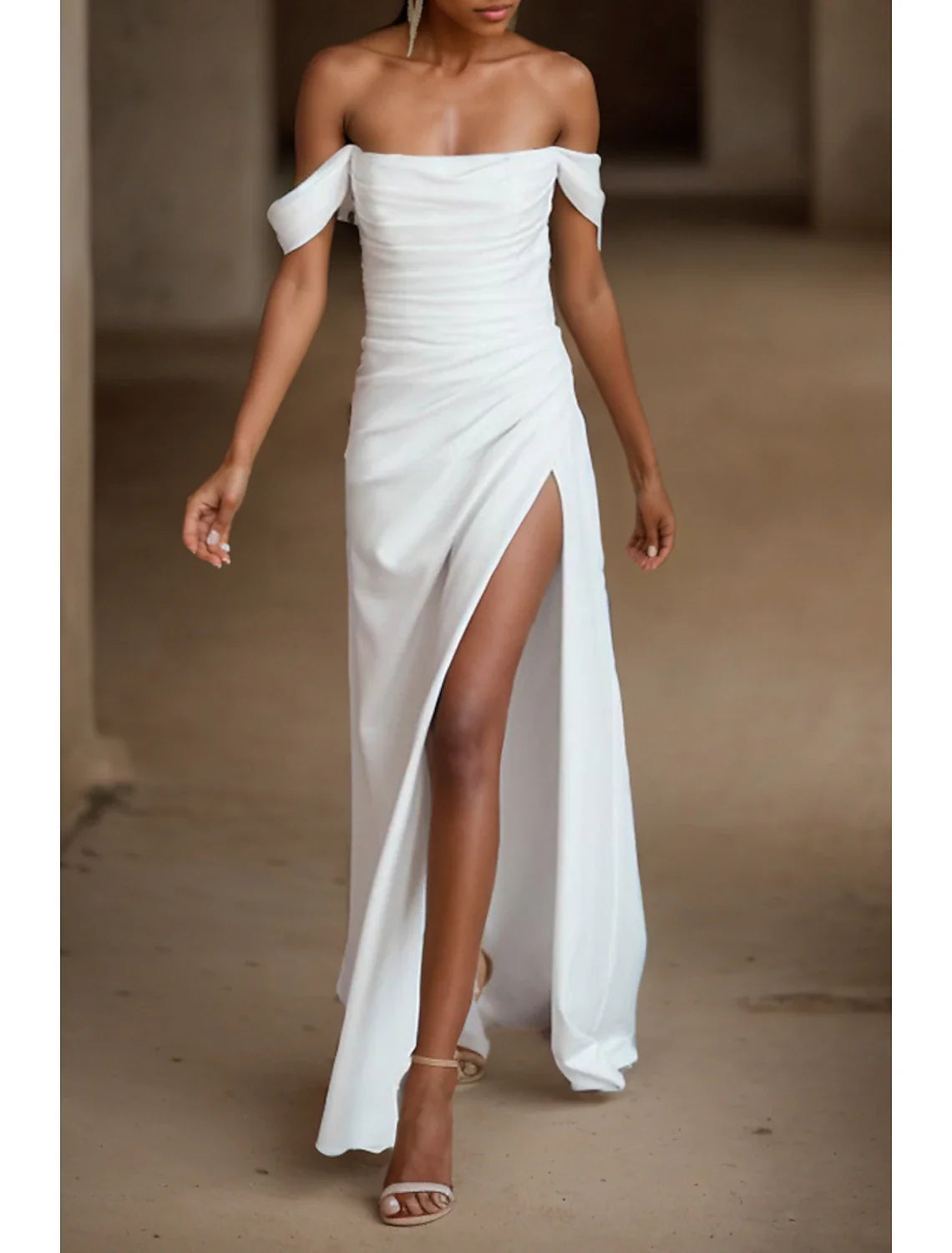 Engagement Little White Dresses Simple Wedding Dresses Sheath / Column Off Shoulder Sleeveless Sweep / Brush Train Satin Bridal Gowns With Ruched Split Front Modern Lace Gown Engagement Little White Dresses Simple Wedding Dresses Sheath / Column Off Shoulder Sleeveless Sweep / Brush Train Satin Bridal Gowns With Ruched Split Front Modern Lace Gown
