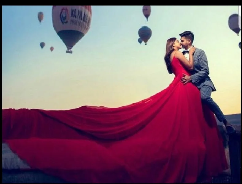 G703, Red Prewedding Shoot Long Trail  Gown,  Size (All)pp Sheer Wedding Dress