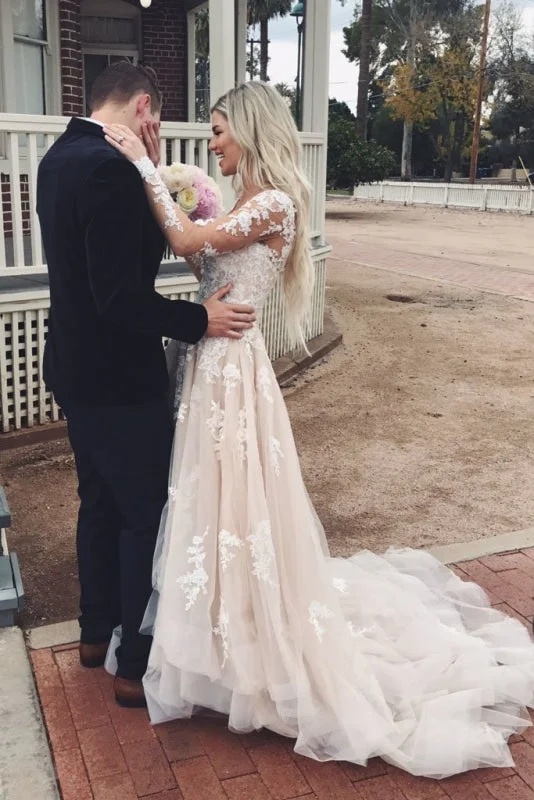 Gorgeous V Neck Long Sleeves Lace Appliques Wedding Dress Lace V-neck Dress