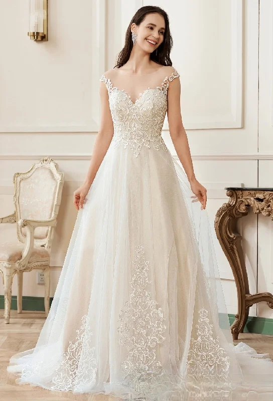 Illusion A-Line Scoop Neckline Lace Bridal Gown Silk Wedding Gown