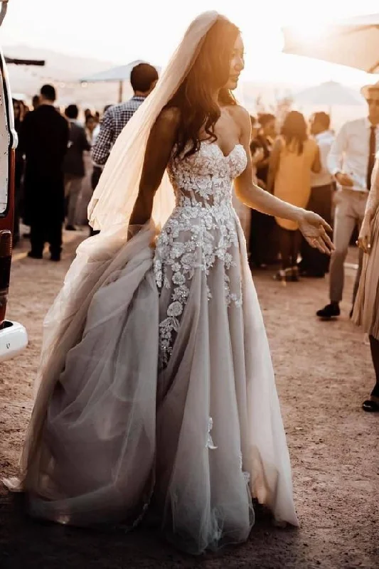 Long A-line Wedding Dress Sweetheart With 3D Floral Lace Appliques Tulle Mermaid Wedding Gown Long A-line Wedding Dress Sweetheart With 3D Floral Lace Appliques Tulle Mermaid Wedding Gown