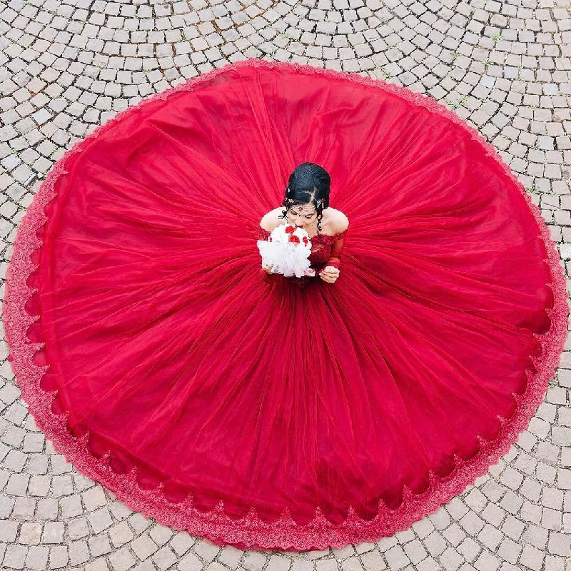 Maroon Tulle Long Sleeves Lace Wedding Dresses Ball Gowns A-line Bridal Dress