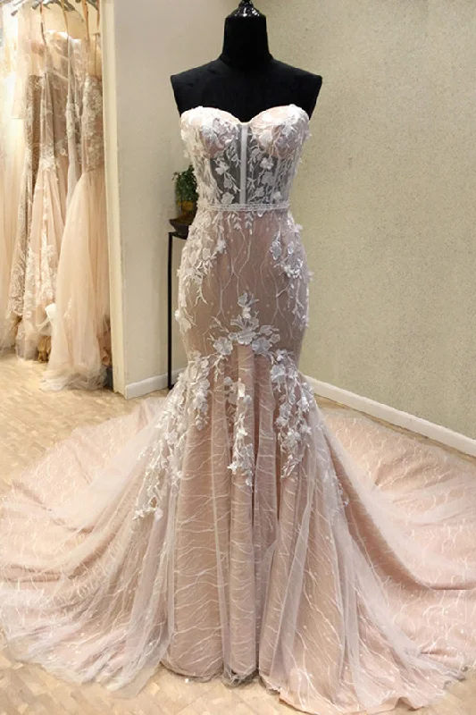 Elegant Mermaid Sweetheart Lace Up Long Open Back Wedding Dress Elegant A-line Gown