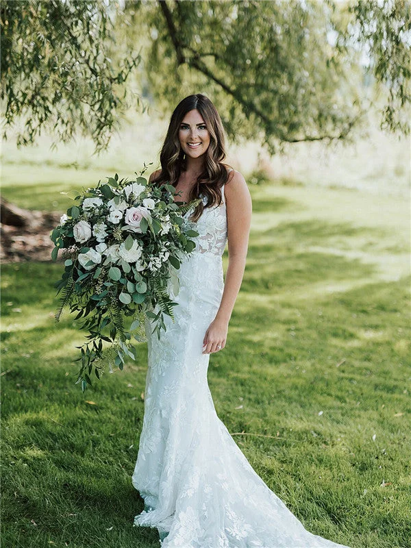 Mermaid V-neck Lace Appliques Long Wedding Dresses With Train, WD0483 Lace Boho Dress Mermaid V-neck Lace Appliques Long Wedding Dresses With Train, WD0483 Lace Boho Dress