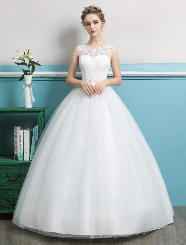 Princess Ball Gown Wedding Dresses Tulle Backless Ivory Beading Floor Length Bridal Dress Ball Gown Wedding
