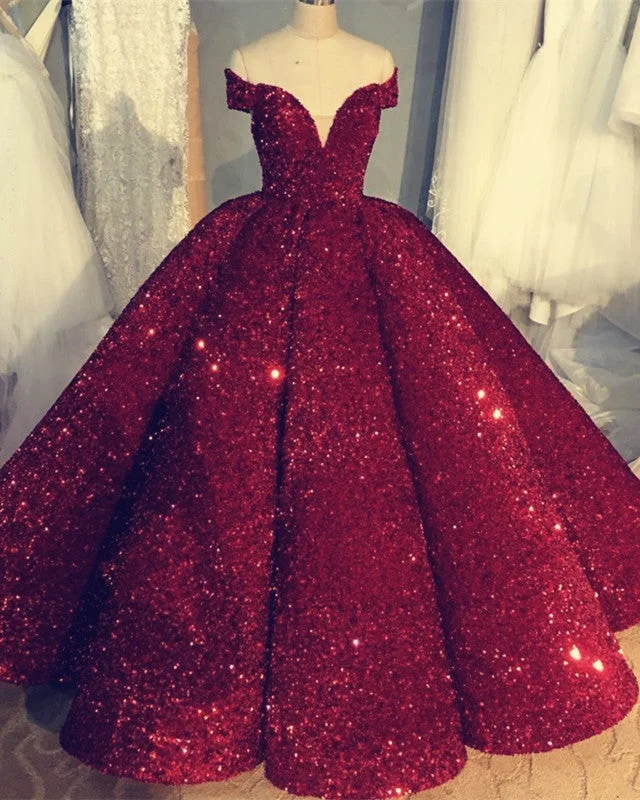 Sequin Ball Gown Dresses Off The Shoulder Ruffle Wedding Gown