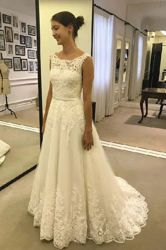 Simple Cap Sleeves Lace Appliques Tulle A Line Wedding Dresses Mermaid Wedding Gown