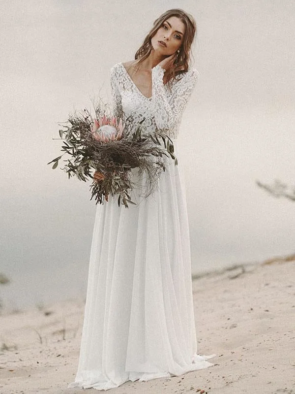 Simple Wedding Dress A Line V Neck Long Sleeve Floor Length Chiffon Lace Beach Wedding Dresses Satin Bridal Gown Simple Wedding Dress A Line V Neck Long Sleeve Floor Length Chiffon Lace Beach Wedding Dresses Satin Bridal Gown