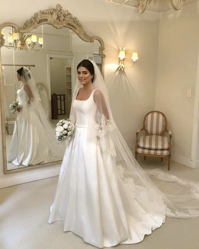Spaghetti Straps Satin Wedding Dress Princess Tiered Wedding Dress