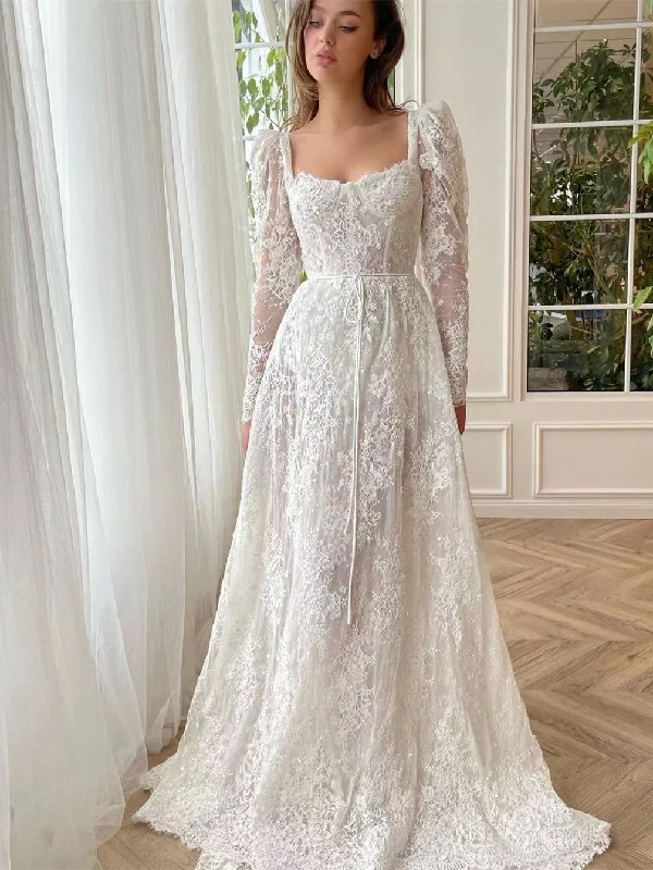Square Neckline Lace Wedding Dresses, A-line Wedding Dresses, Popular 2023 Wedding Dresses, Bridal Gown Floral Wedding Gown Square Neckline Lace Wedding Dresses, A-line Wedding Dresses, Popular 2023 Wedding Dresses, Bridal Gown Floral Wedding Gown