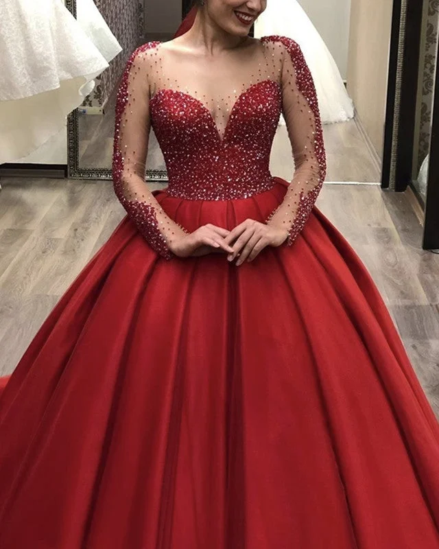 Tulle Long Sleeves Satin Wedding Dresses Ball Gown Beaded Bodice Glitter Wedding Dress