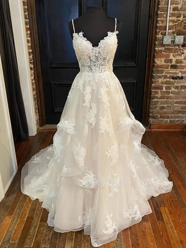 V Neck Backless Champagne Lace Long Prom Dresses, Champagne Lace Wedding Dresses, Champagne Formal Evening Dresses Floral Bridal Gown