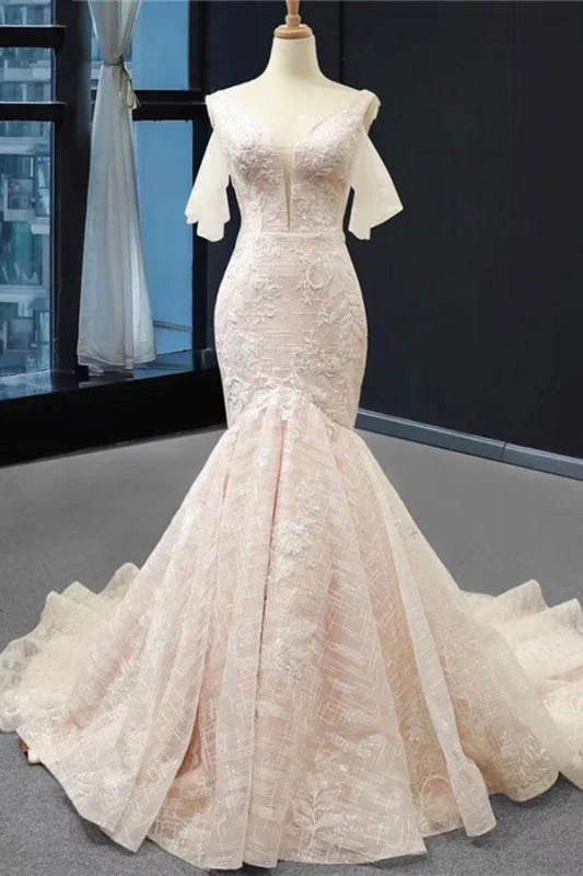 V-Neck Short Sleeve Appliques Mermaid Wedding Dress Tiered Wedding Dress