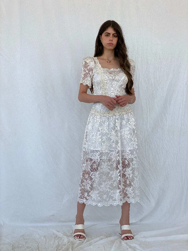 Vintage 1980‘s Art Deco Floral Lace Midi Dress - S Chic midi dresses