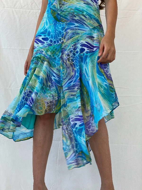 Dreamy 90s Gardo Collection Blue Asymmetric Hem Midi Dress - S High-end midi dresses