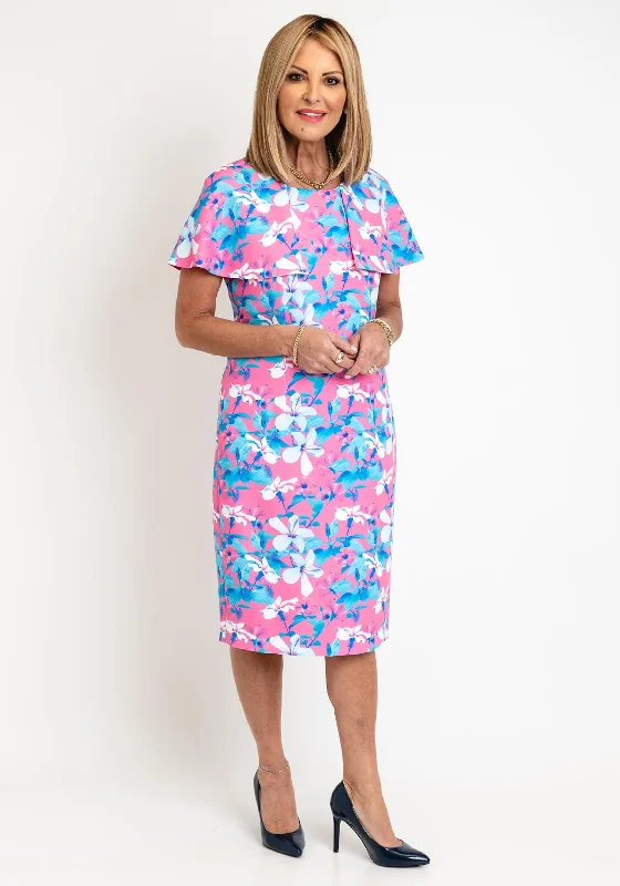 Avalon Carmen Cape Sleeve Printed Pencil Midi Dress, Pink Comfortable midi dresses for everyday wear Avalon Carmen Cape Sleeve Printed Pencil Midi Dress, Pink Comfortable midi dresses for everyday wear