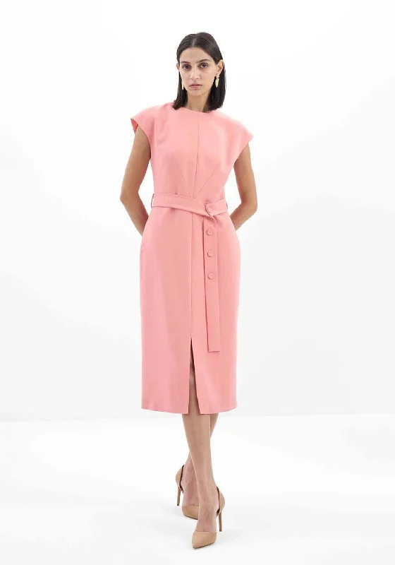 Birélin Button Fasten Belt Midi Dress, Apricot Cocktail midi dresses