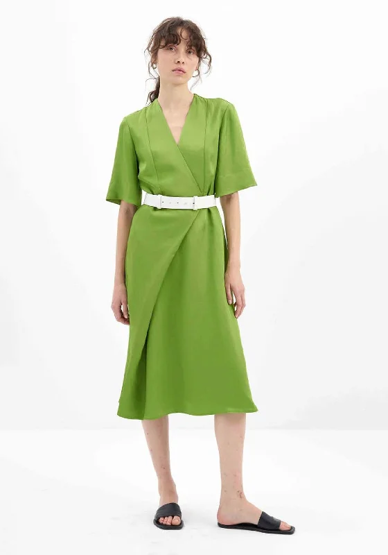 Birélin Mock Wrap A-Line Midi Dress, Green Chiffon midi dresses