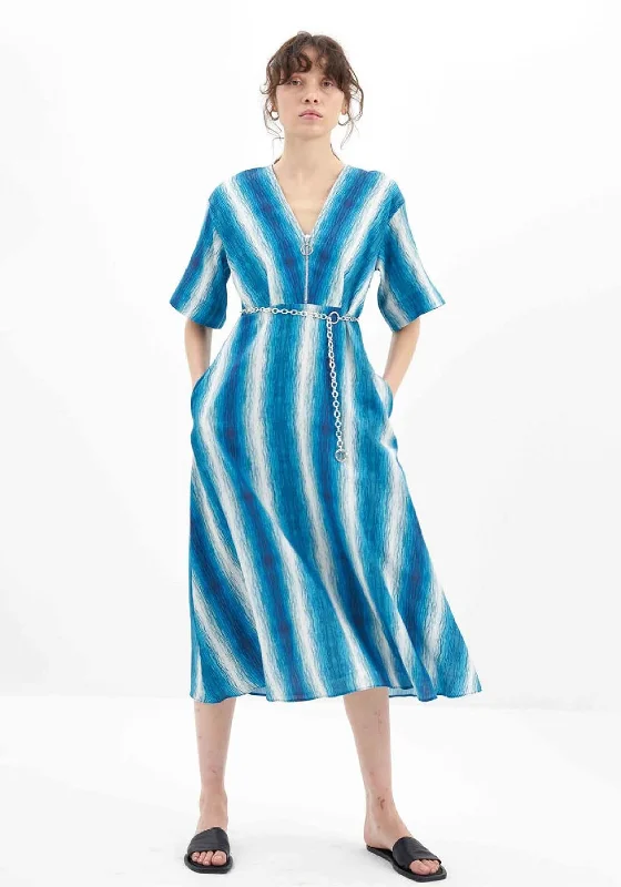 Birélin Half Zip Printed A-Line Midi Dress, Blue Wedding guest midi dresses