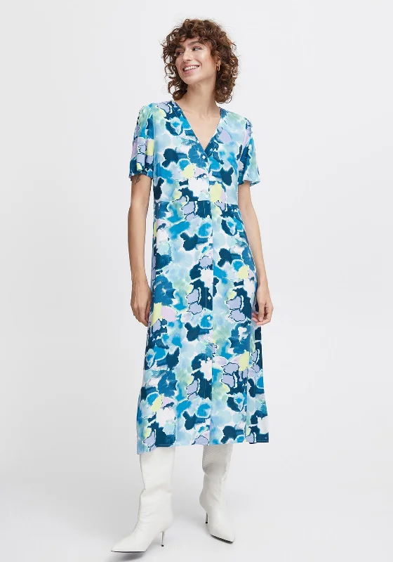 B.Young Joella Watercolour Inspired Buttoned Midi Dress, Angel Blue Discounted midi dresses