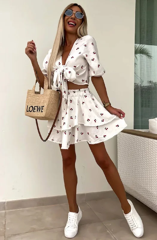 Calista 'Cherry' Printed Two Piece Co-Ord Set-Ivory Pleated unclassified skirts