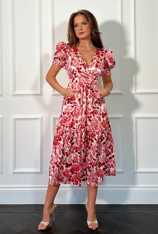 Girl In Mind Maya Floral Wrap Tiered Midi Dress, Pink Cotton midi dresses