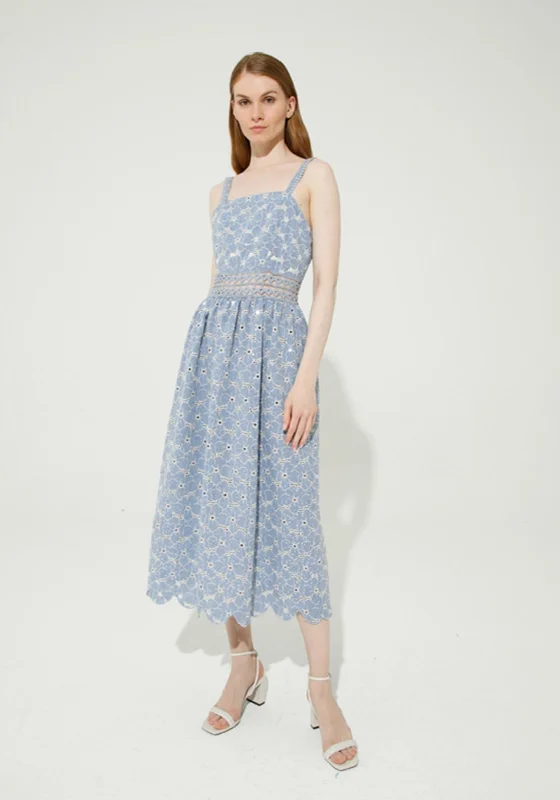 Goa Goa Sangallo Embroidered Midi Dress, Blue Minimalist midi dresses