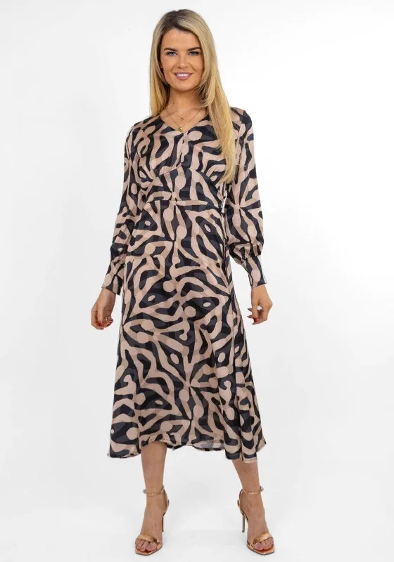 Kate & Pippa Birkin Satin Feel Print Midi Dress, Beige & Black Discounted midi dresses Kate & Pippa Birkin Satin Feel Print Midi Dress, Beige & Black Discounted midi dresses