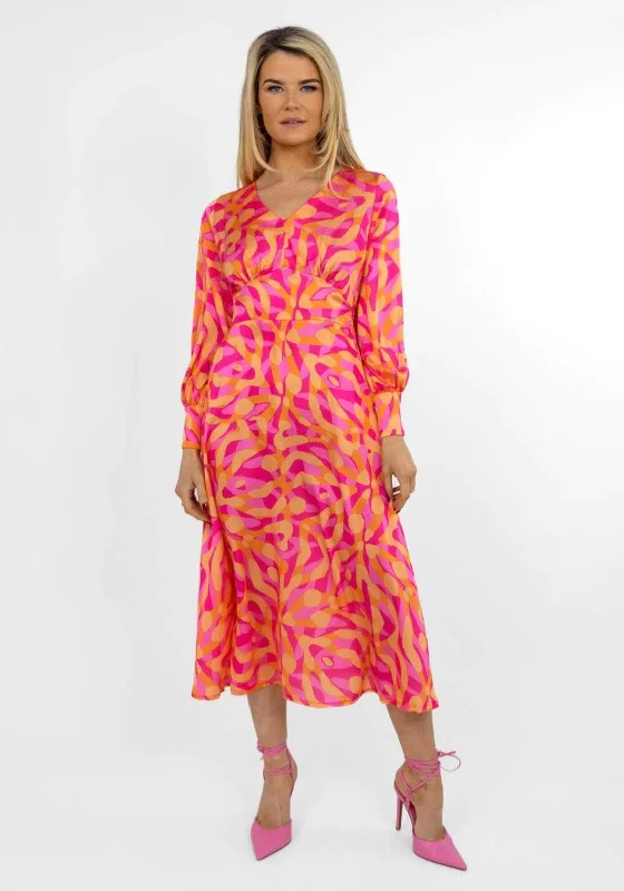 Kate & Pippa Birkin Satin Feel Print Midi Dress, Pink & Orange Affordable midi dresses Kate & Pippa Birkin Satin Feel Print Midi Dress, Pink & Orange Affordable midi dresses
