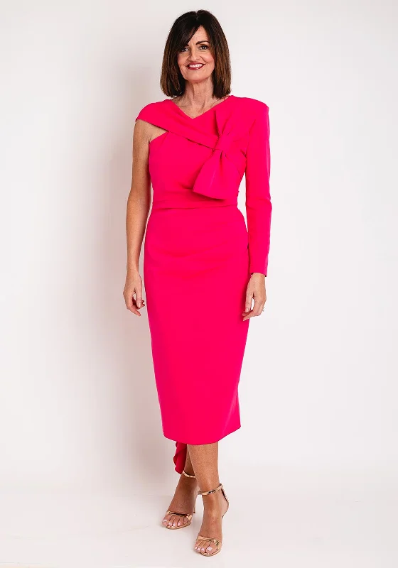 Kevan Jon Carolyn One Shoulder Bow Detail Midi Dress, Hot Pink Hot new arrivals in midi dresses Kevan Jon Carolyn One Shoulder Bow Detail Midi Dress, Hot Pink Hot new arrivals in midi dresses